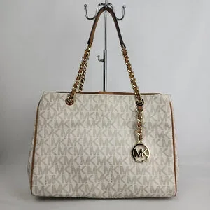 Michael Kors White Brown Signature Coated Canvas Leather Satchel Purse